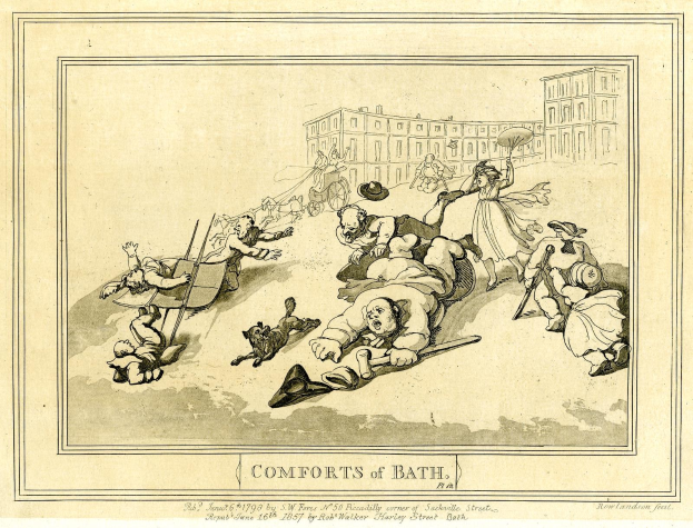 Ein Cartoon von gestressten Menschen in einer Badewanne umgeben von hohen Gebäuden unter einem tiefblauen Himmel, mit dem Text "Comforts of Bath" unten.