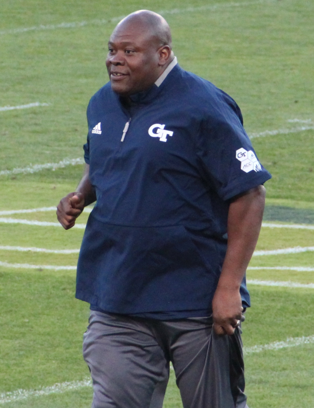 Ein Mann in einem blauen Hemd und grauen Hosen steht auf einem grünen Feld, lächelt mit einem selbstbewussten und entschlossenen Gesichtsausdruck und sieht aus wie ein Fußballtrainer.