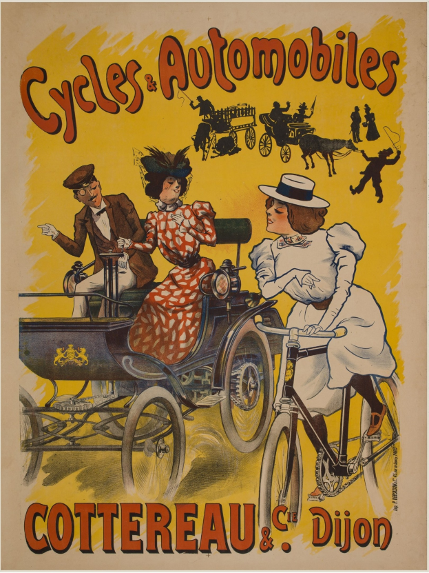 Plakat, das Fahrräder und Automobile in Cottereau und Dijon, Frankreich, zeigt, mit Menschen, die Fahrräder fahren und eine Kutsche mit dem Text "Fahrräder und Automobile" oben.