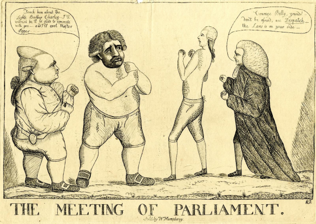 Eine handgezeichnete Skizze von drei Personen, die stehen und diskutieren, mit einer Person, die animiert gestikuliert, unter dem Titel "Die Parlamentssitzung."