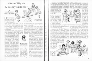 Ein aufgeschlagenes Buch mit einer Zeichnung von Kindern, die in einer Kita spielen, begleitet von Text und einer Tabelle mit verschiedenen Gegenständen.