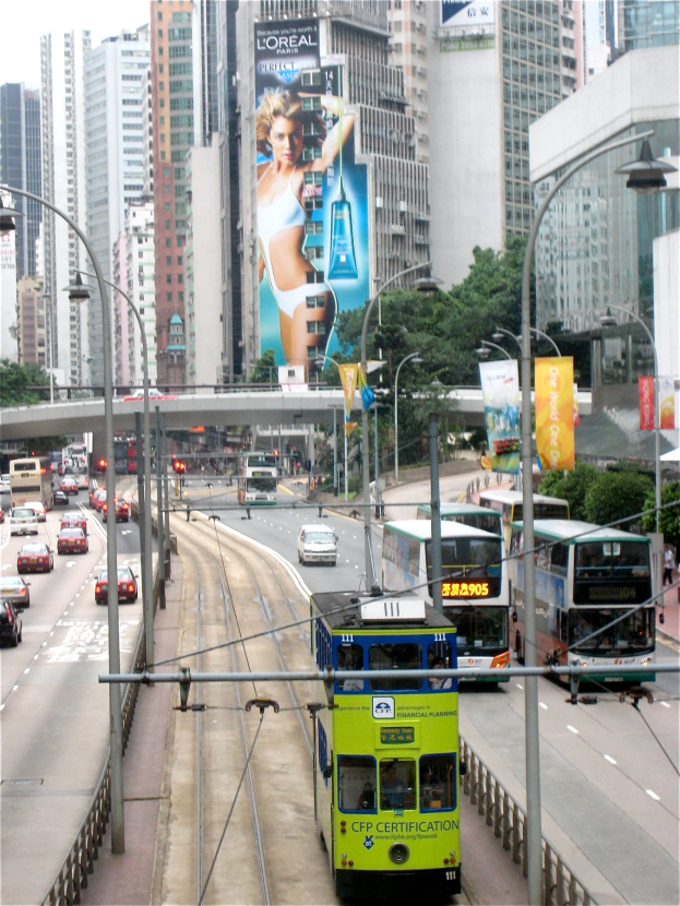 Eine belebte Stadtstraße mit verschiedenen Fahrzeugen, darunter Doppeldeckerbusse, Autos und andere Fahrzeuge, umgeben von Pfählen, Laternen, Schildern, Bannern, Bäumen, einer Brücke, hohen Gebäuden und einem klaren blauen Himmel, mit Text am unteren Bildrand.