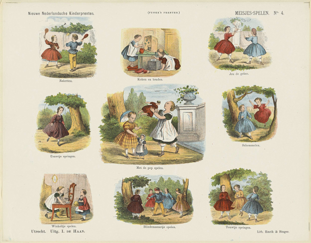 Ein Kinderbuch mit Bildern von Kindern, die in einem Park spielen und von Bäumen umgeben sind, mit begleitendem Text auf den Seiten.