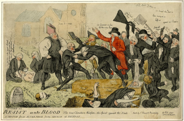 Eine Karikatur einer Menschenmenge, einige halten Fahnen, im Hintergrund ein Gebäude und unten ein Text mit der Aufschrift "Resist unto Blood: The True Christian Warfare".