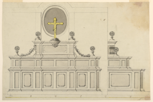 Ein detailliertes Zeichnung eines Kirchenaltars mit einem Kreuz darauf, verziert mit kunstvollen Ornamenten, auf einem Blatt Papier.