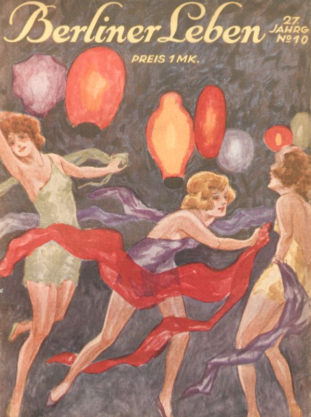 Ein Magazin-Cover mit einem Bild von drei Frauen in bunten Kleidern, die mit ausgestreckten Armen tanzen und von bunten Ballons umgeben sind, mit dem Text 'Berliner Leben'