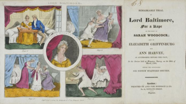 Ein historisches Dokument, das den Prozess gegen Lord Baltimore wegen Vergewaltigung zeigt, mit Illustrationen von Menschen, Vorhängen und Text.