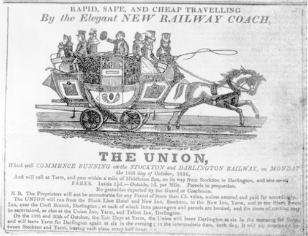 Schwarze und weiße Zeitungsanzeige für den Verband, die eine Kutsche mit einer Gruppe von Menschen zeigt, mit sichtbarem Text, der wahrscheinlich das Ereignis beschreibt.