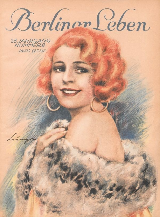 Frau mit roter Haare in einem Nerzmantel auf dem Cover der Berliner Leben Zeitschrift im 1950er-Look mit fetter schwarzer Schrift, die "Berliner Lebens" lautet