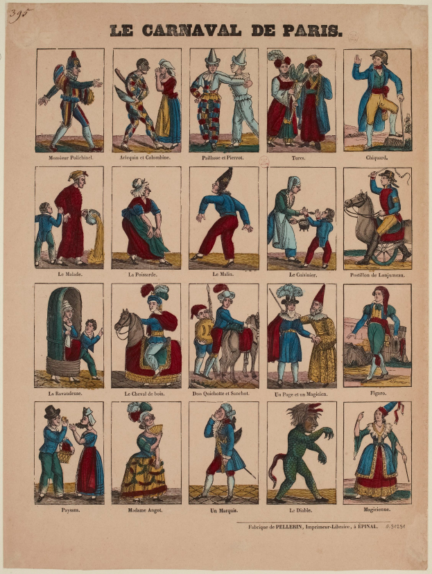 Eine Zeitung mit leuchtenden, detaillierten Bildern von Menschen in farbenfrohen Karneval von Paris-Kostümen, einschließlich gefiederter und aufwändiger Kopfschmuck, mit fetter Schrift.