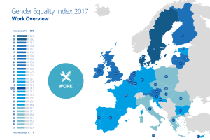 Eine Europakarte mit verschiedenen Farben, die den Geschlechtergleichheitsindex 2017 darstellen, begleitet von erklärendem Text auf der linken Seite.