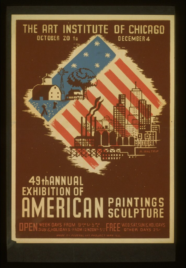 Plakat für die 49. Jahresausstellung des Art Institute of Chicago für Amerik. Malerei und Skulptur, das Text und Bilder zum Ereignis zeigt.