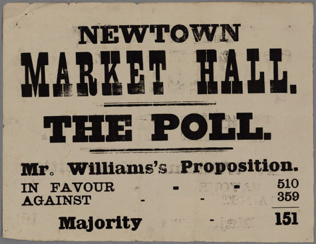 Papier mit handgeschriebenem Text "Newtown Market Hall, die Wahl, Herr Williams' Vorschlag für gegen Mehrheit."