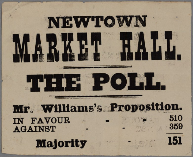 Papier mit handgeschriebenem Text "Newtown Market Hall, die Wahl, Herr Williams' Vorschlag für gegen Mehrheit."