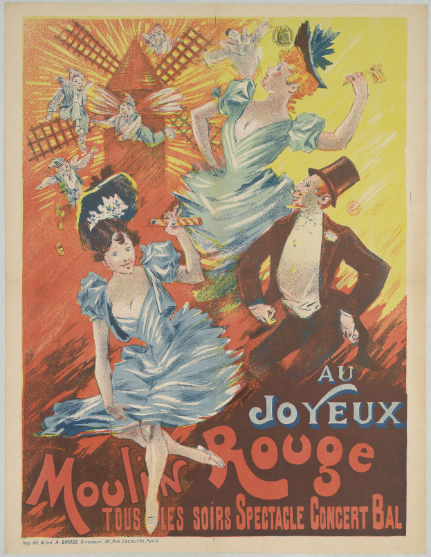 Ein Plakat, das ein Moulin Rouge-Konzert in Paris, Frankreich ankündigt, mit einem leuchtend roten Hintergrund, tanzenden Menschen in bunten Kostümen und der Schrift "Moulin Rouge" in weißer, fetter Schrift.