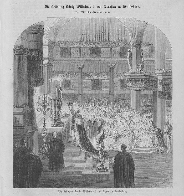 Schwarze und weiße Zeichnung einer großen Menschenmenge in einer Kirche bei der Krönung von Wilhelm II. von Deutschland, mit einem Kerzenständer links und Text oben und unten.