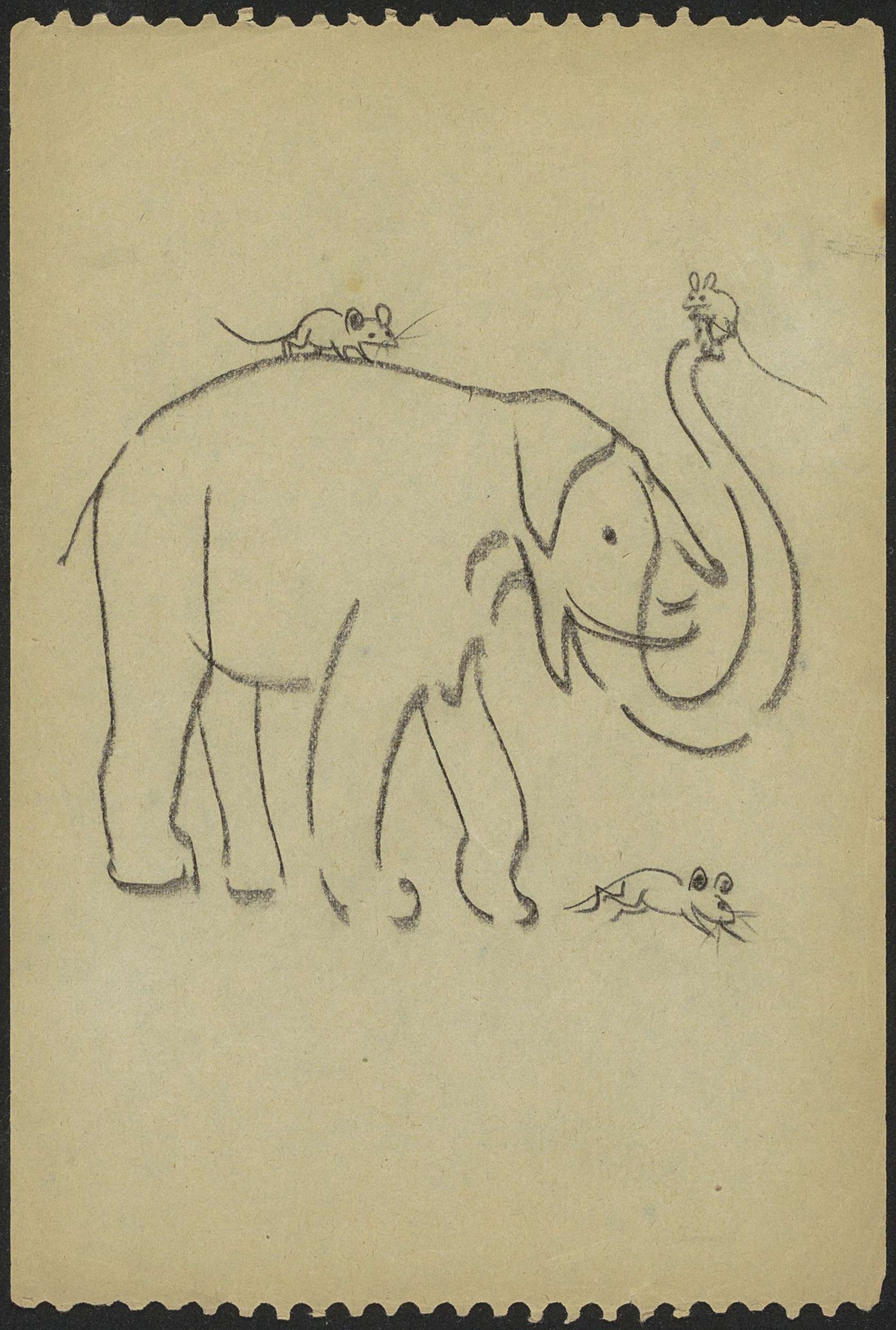 Eine Zeichnung eines aufrecht stehenden Elefanten mit erhobenem Rüssel und einer Maus, die darauf sitzt, beide mit friedlichen Gesichtern.