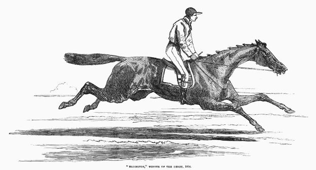 Eine Schwarz-Weiß-Zeichnung eines Jockeys in Hut und langem Mantel auf einem galoppierenden Pferd, mit 'Sieger des Derby 1886' unten.