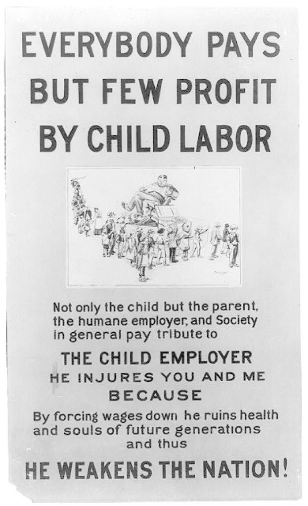 Schwarzes und weißes Plakat mit dem Text "Jeder zahlt, aber wenige profitieren von Kinderarbeit" mit einer Gruppe von Menschen.