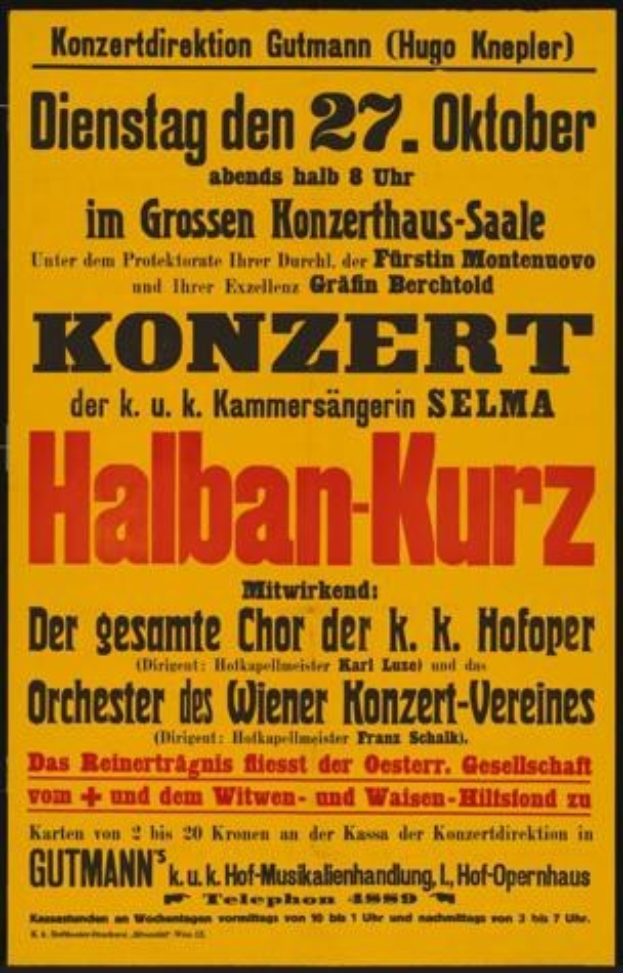 Ein gelbes Plakat für ein Konzert in Berlin, Deutschland, mit dem Text "Konzert Halban-Kurz".