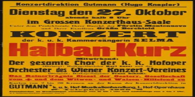 Ein gelbes Plakat für ein Konzert in Berlin, Deutschland, mit dem Text "Konzert Halban-Kurz".