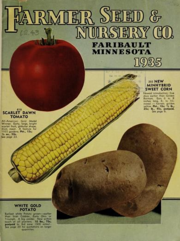 Plakat von Farmer Seed & Nursery Co. in Faribault, Minnesota (1935) mit verschiedenen Gemüsen wie Kartoffeln, Mais und einem Apfel.