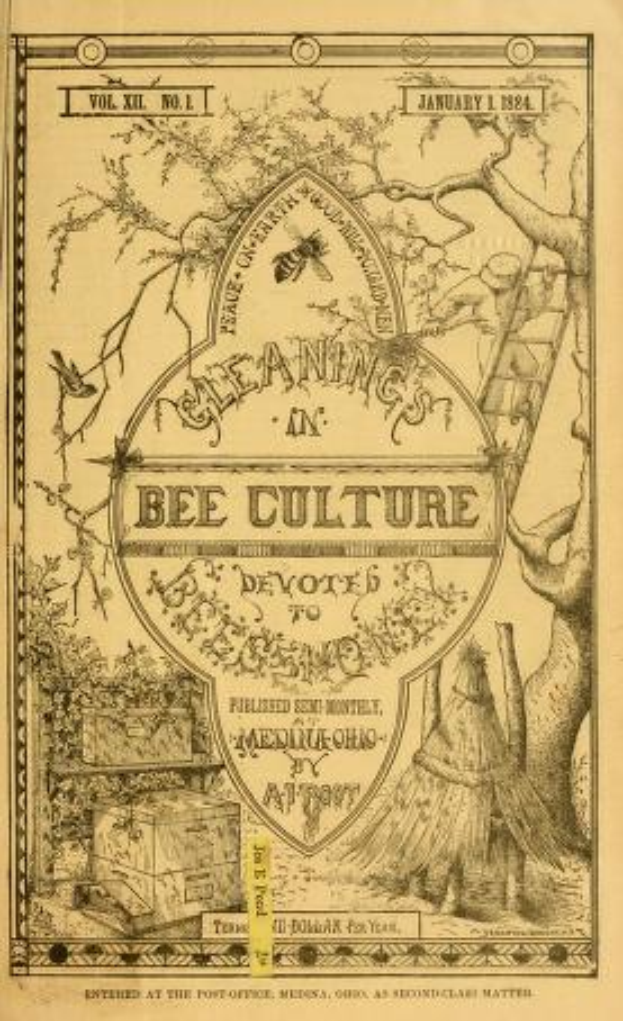 Ein altes Buch mit einer Zeichnung einer Biene, Bäumen, einer Leiter und anderen Gegenständen auf dem Cover.