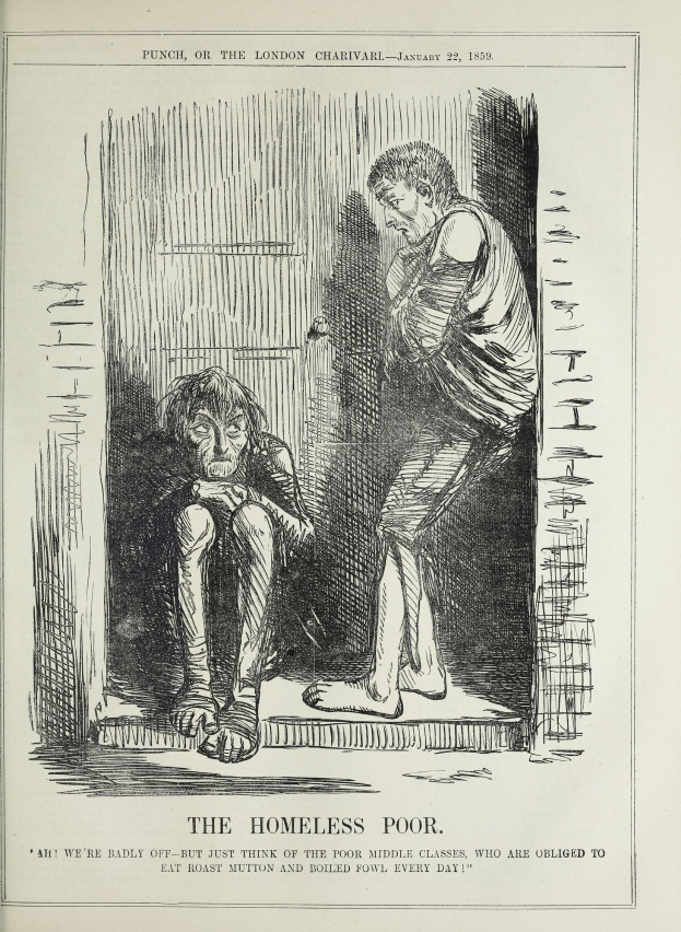 Eine Zeitung mit einer Zeichnung von zwei Personen, einer sitzenden und einer stehenden, mit den Worten "Die Obdachlosen Armen" darauf.