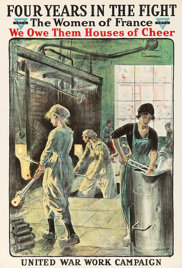 Plakat mit vier Frauen in einer Reihe mit entschlossenen Gesichtern, betitelt mit "Wir schulden ihnen Häuser der Freude", symbolisiert ihre Stärke und Resilienz im Kampf für Frankreich.