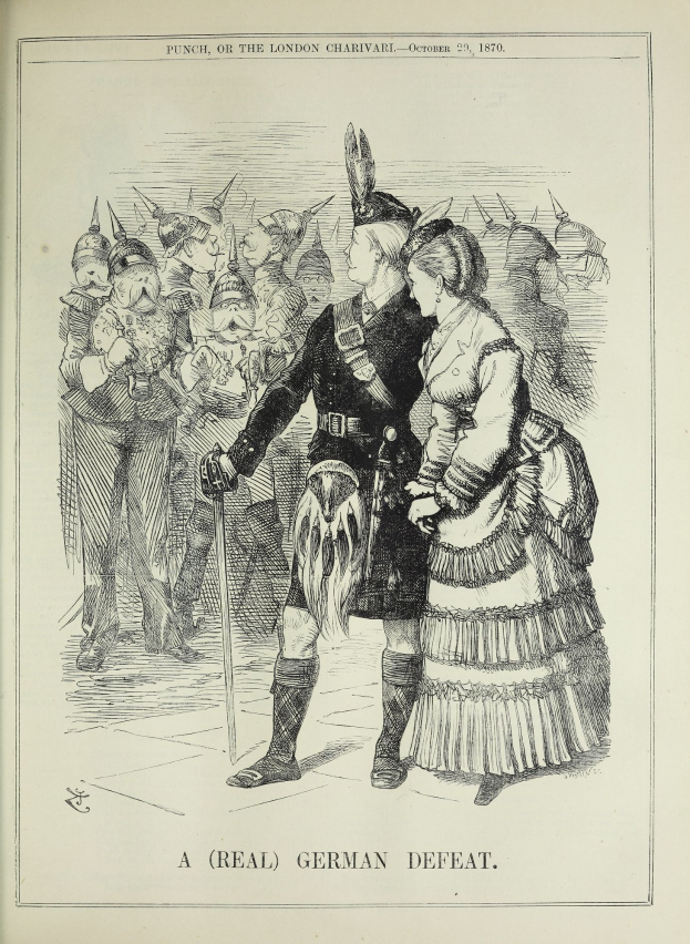 Ein Mann und eine Frau stehen auf einem Papier mit Wörtern und Zahlen, möglicherweise ein Hinweis auf eine deutsche Niederlage, während der Mann einen Stock hält und sie einer Menge gegenüberstehen.