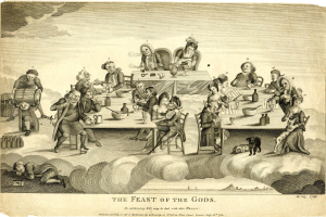 Eine fröhliche Gruppe in traditioneller Kleidung sitzt um einen reich gedeckten Tisch, lacht und feiert während "Das Fest der Götter."