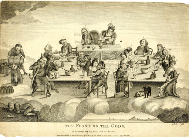 Eine fröhliche Gruppe in traditioneller Kleidung sitzt um einen reich gedeckten Tisch, lacht und feiert während "Das Fest der Götter."