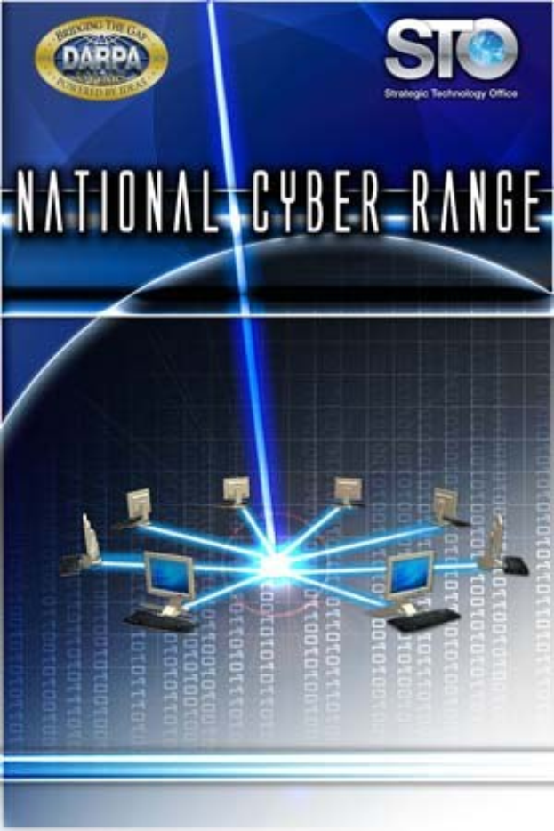 Ein Plakat mit "Nationaler Cyber-Range" in fetter weißer Schrift auf blauem Hintergrund, das eine Weltkugel mit mehreren angeschlossenen Computern zeigt.