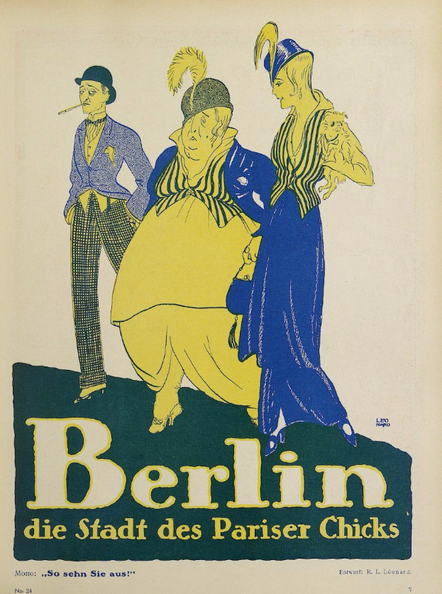Plakat für ein Konzert in Berlin, Deutschland, das eine Gruppe farbenfroher Menschen vor einem Gebäude mit der Aufschrift "Berlin - Die Stadt des Pariser Chicks" zeigt.