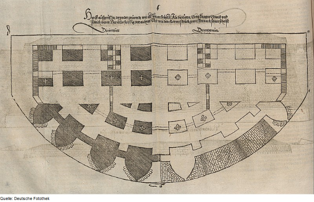 Ein altes Buch mit einem detaillierten Stadtplan-Entwurf, der Gebäude, Straßen und Sehenswürdigkeiten zeigt und von begleitendem Text umgeben ist.