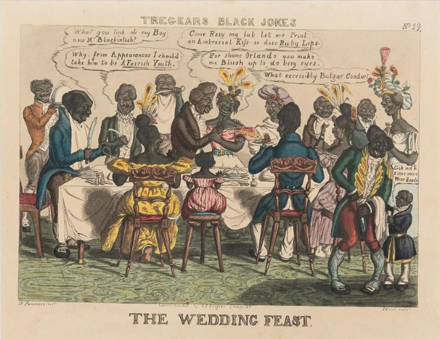 Eine Gruppe von Menschen in traditioneller afrikanischer Kleidung sitzt an einem Tisch bei einem Hochzeitsfest, mit Tellern, Gläsern und geschriebenem Papier auf dem Tisch, feiert fröhlich.