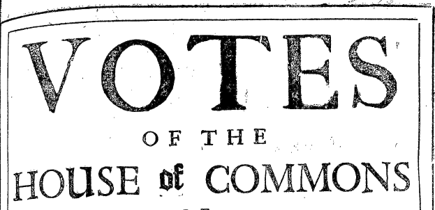 Schwarzes und weißes Plakat mit fetter Schrift, die "Stimmen des House of Commons" liest