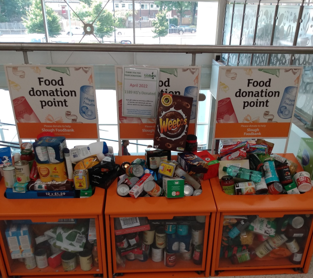 Orange Schübe mit Lebensmitteln wie Flaschen, Dosen und Kisten, mit Texttafeln und einem Blick durch Glasfenster auf Fahrzeuge, Bäume, Gebäude und Himmel.