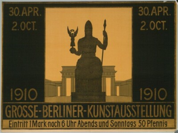 Ein Plakat mit einer Statue vor einem Gebäude, mit Text und Zahlen, die das Berliner-Kunstausstellung-Event darlegen.
