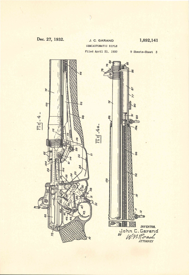 Schwarz-weiß-Zeichnung einer Garand Rifle mit Patenttext und nummerierten Teilen, einschließlich Lauf, Abzug und Abzugsbügel.
