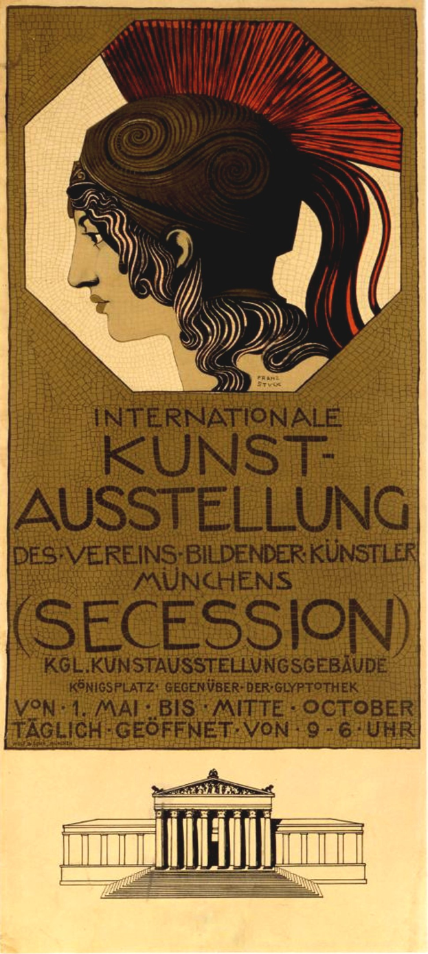 Plakat für die Internationale Kunstausstellung in München, Deutschland, mit einem Frauengesicht in der Mitte und Text mit Veranstaltungseinzelheiten.