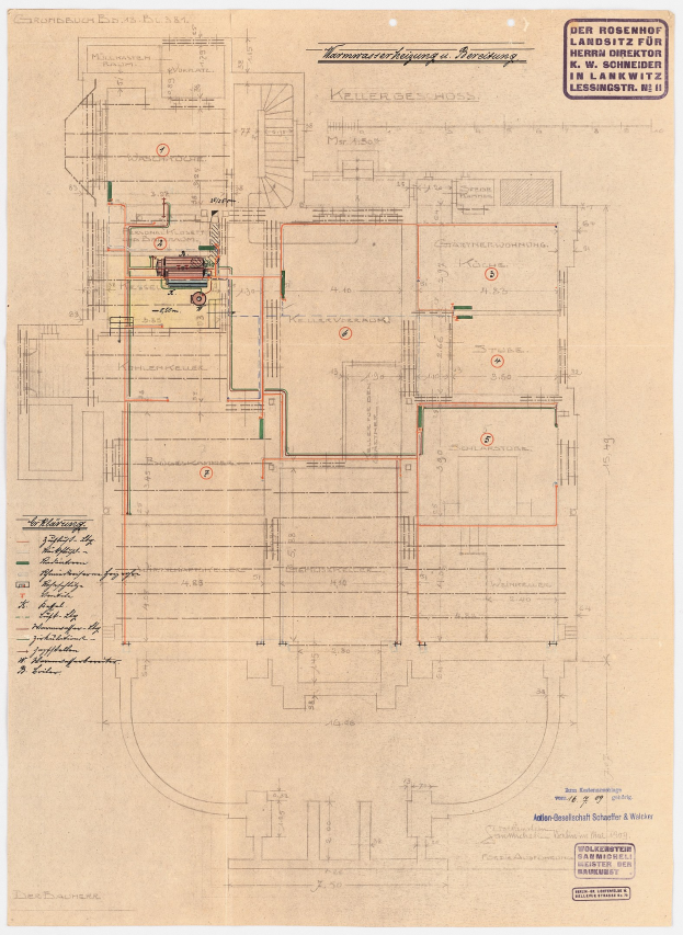 Schwarze und weiße architektonische Zeichnung des Rosenhof-Krankenhauses in Hamburg, Deutschland, die detaillierte Layout mit zahlreichen Drähten, Zimmern, Fluren und Textanmerkungen zeigt.