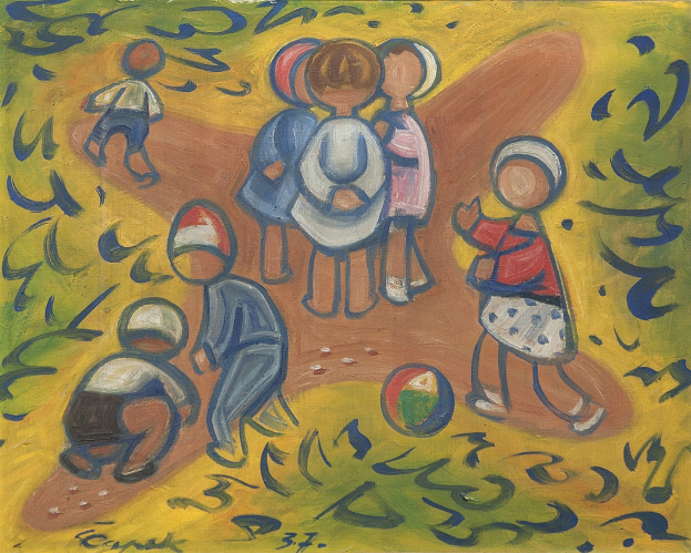 Malerei von Kindern, die auf einem Feld spielen, gerahmt, mit hellen, fröhlichen Farben und spielerischen Ausdrücken.