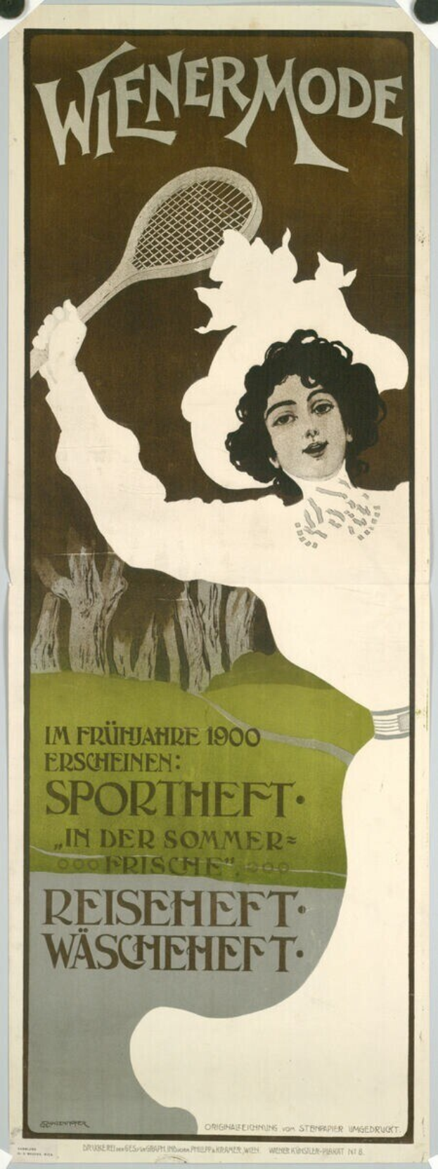 Plakat aus den 1920er Jahren, das ein Tennisturnier bewirbt, mit einer Frau, die einen Tennisschläger hält und Text, der das Ereignis beschreibt.