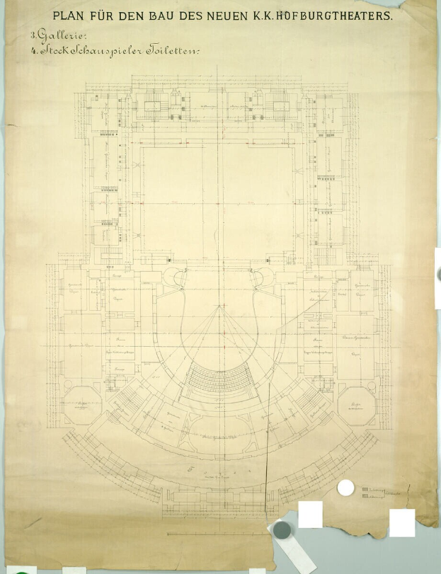Ein Blatt mit einer Zeichnung eines Plans für das neue K.K. Hofburg Theater, einschließlich Text, der das Layout beschreibt.