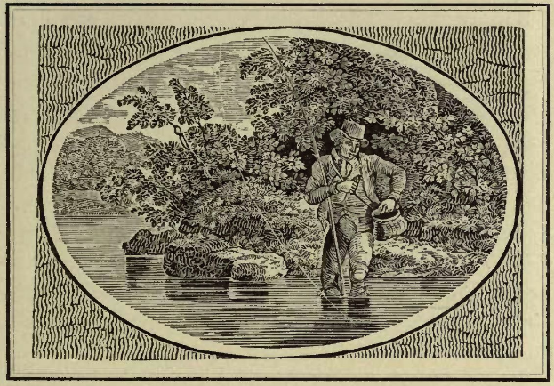 Eine Schwarz-Weiß-Radierung eines Mannes, der in einem Fluss steht und mit einer Angelrute in der einen Hand und einem Eimer in der anderen angelt, umgeben von Bäumen und Felsen.