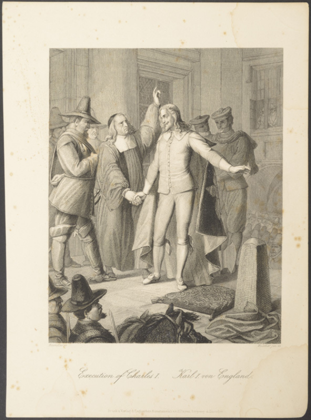 Schwarze und weiße Radierung eines Mannes in Anzug und Hut, der Hände mit einer Gruppe von Menschen vor einem Gebäude mit Fenstern schüttelt, mit der Inschrift 'Exekution von Karl I, Karl von England' unten.