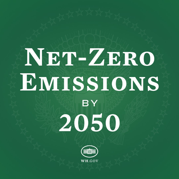 Weißer fetter Text auf einem grünen Hintergrund liest sich "net-zero emissions by 2050."