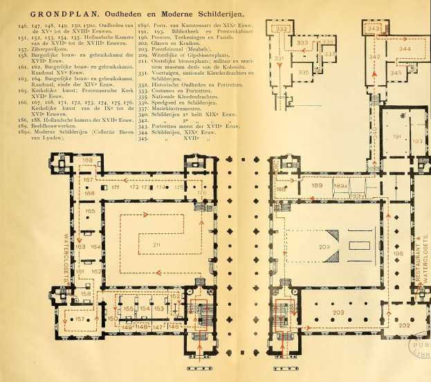 Schwarz-weißer Grundriss eines Museums für moderne Architektur mit beschrifteten Räumen und detaillierten Layout-Diagrammen auf einer Buchseite.