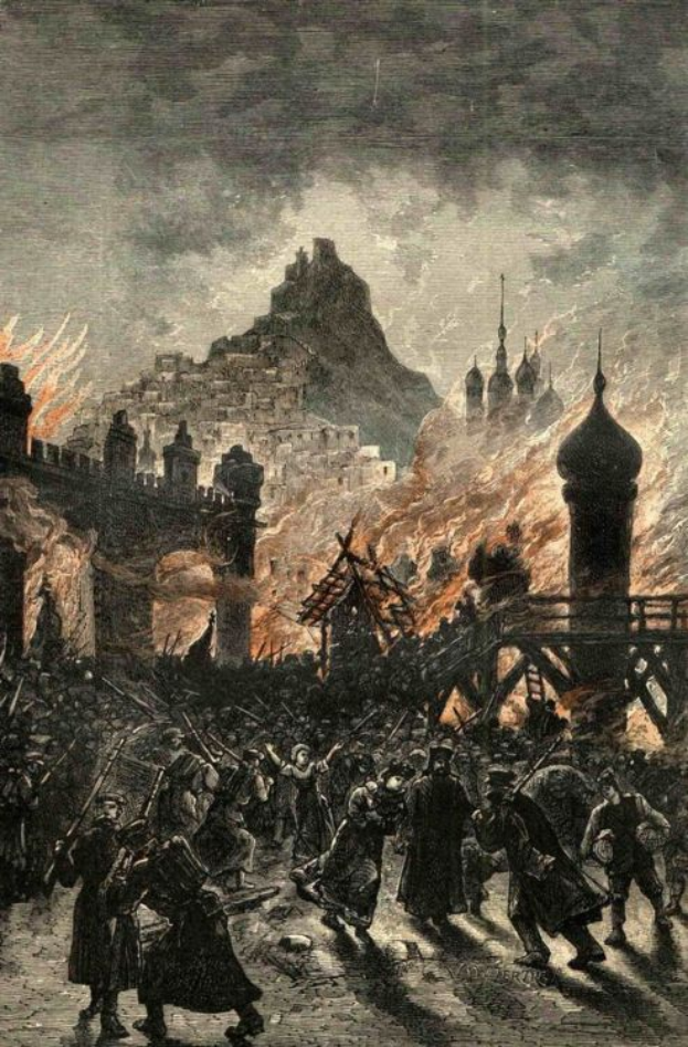 Eine Gruppe von Menschen, die vor einem großen Feuer die Straße entlanggehen; im Hintergrund sind Gebäude, ein Hügel und Wolken zu sehen; unten steht 'Die Verbrennung der Kirche des Heiligen Grabes'.